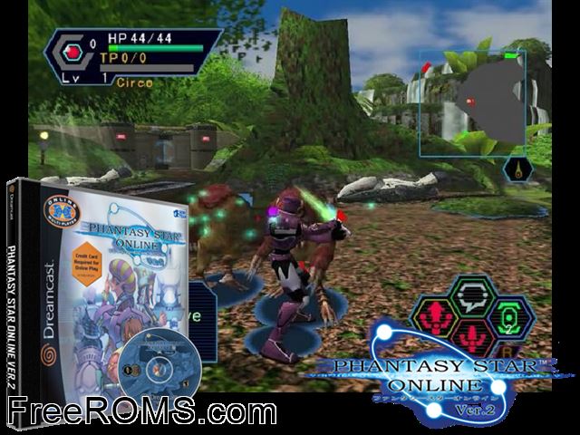 Phantasy Star Online Ver. 2 v1.004 (M5)[req. serial] Sega Dreamcast game showing 3D box cover and gameplay screenshot